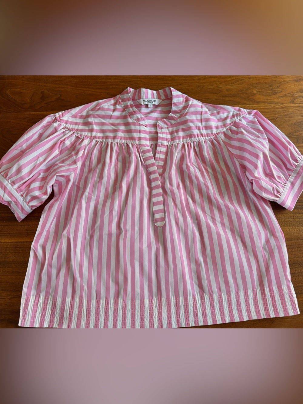 Velvet Heart Pink White Candy Stripe BabyDoll Shirt Puff Sleeves Adorable NWOT L